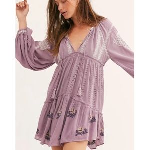 Free People Wild Horses Embroidered Long Sleeve Lilac Mini dress